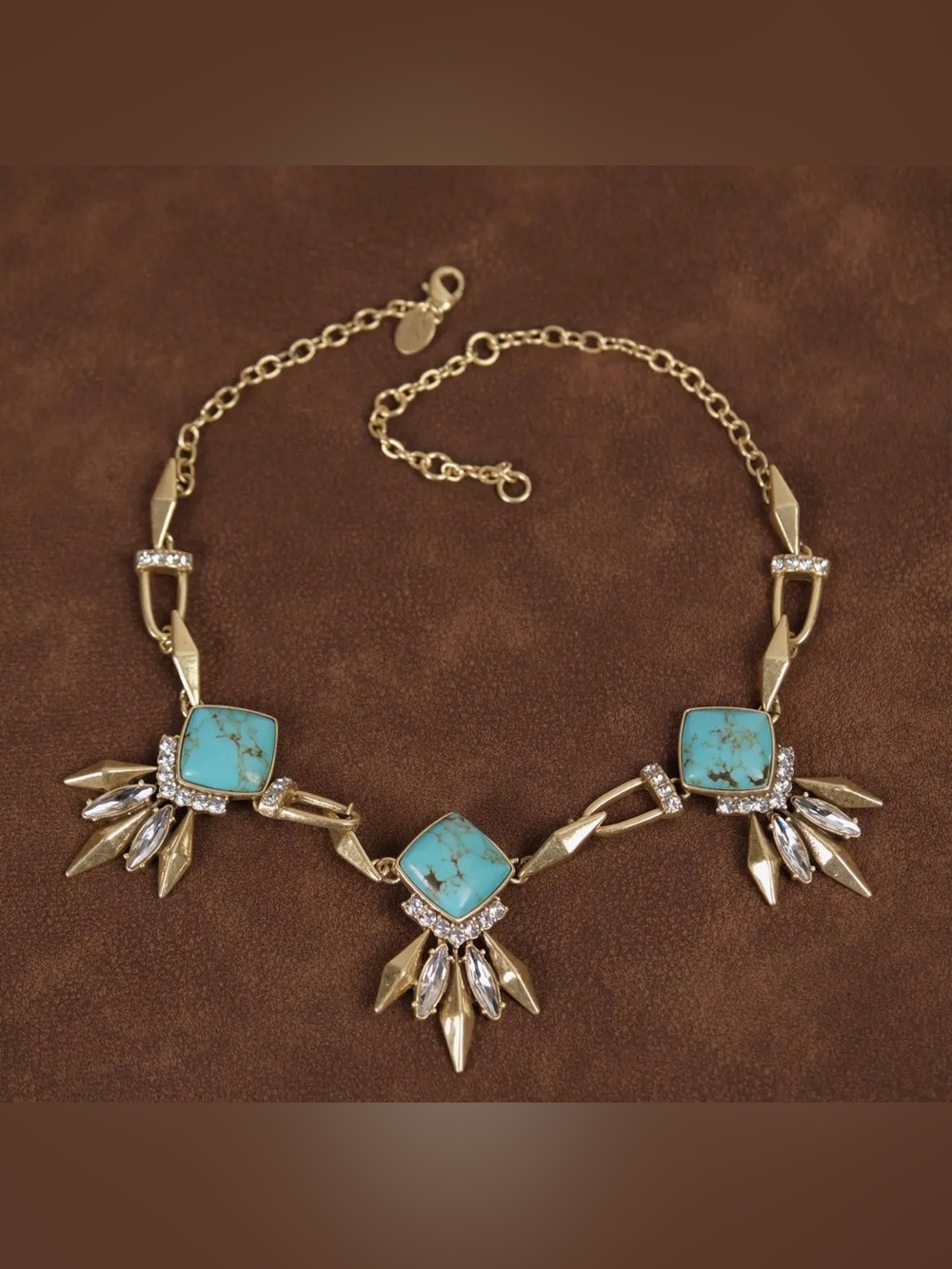 Gold-Tone Necklace with Turquoise Stone Accents. 18k Gold Plated
